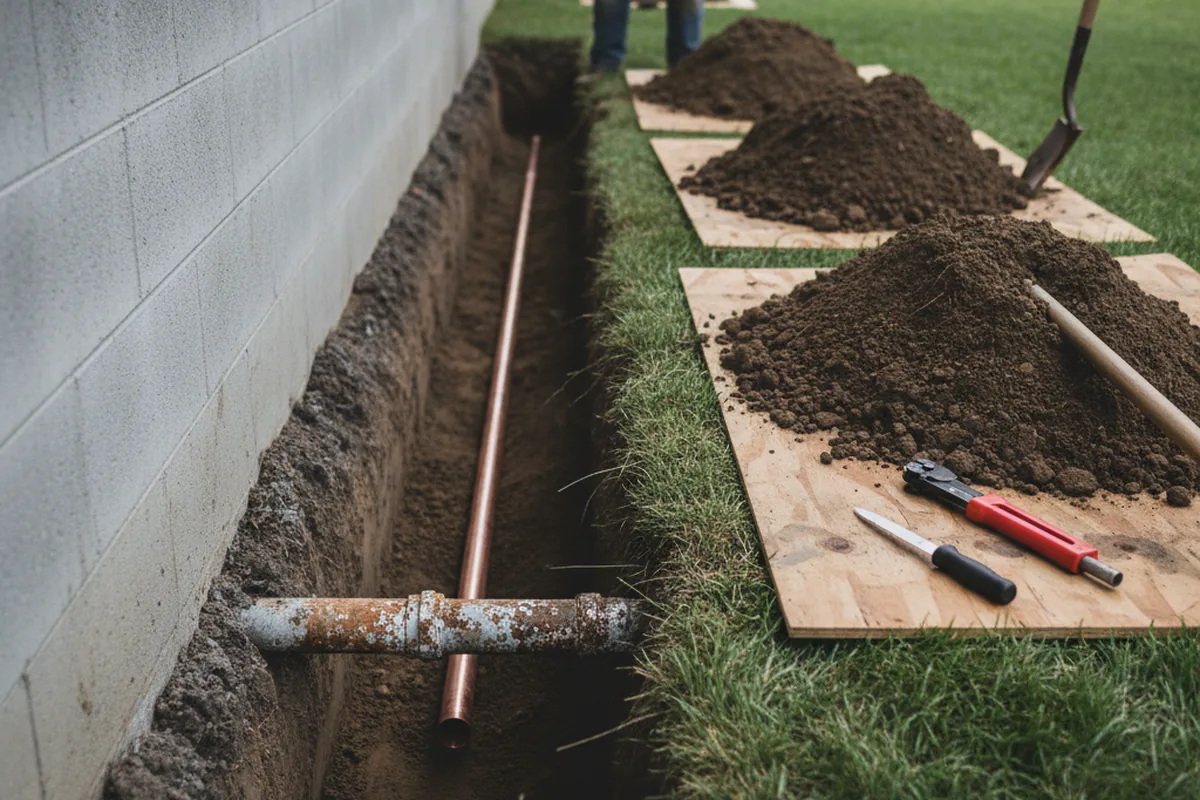 Excavated water line trench during Sewer Line Repair in Staunton